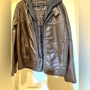 Guess Faux Leather Jacket Sweater Lined W/ Hoodie